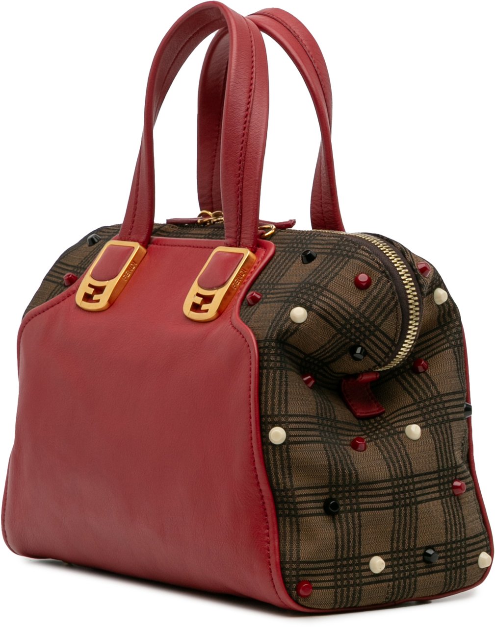 Fendi Leather and Studded Canvas Colorblock Chameleon Satchel Rood