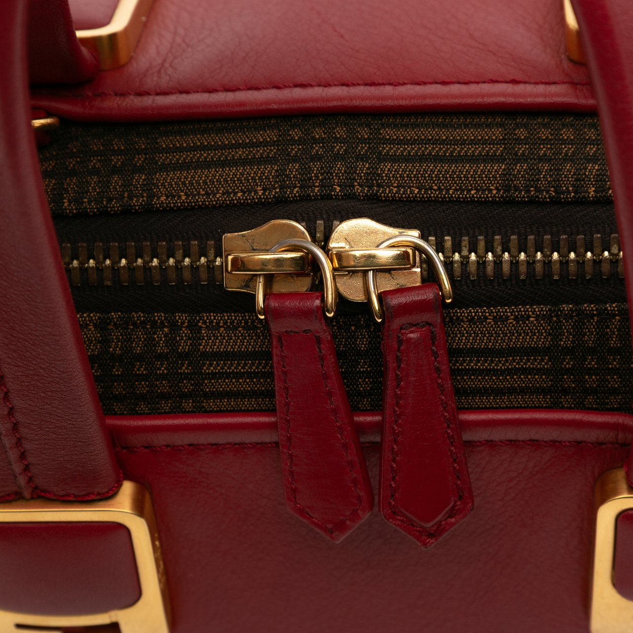 Fendi Leather and Studded Canvas Colorblock Chameleon Satchel Rood