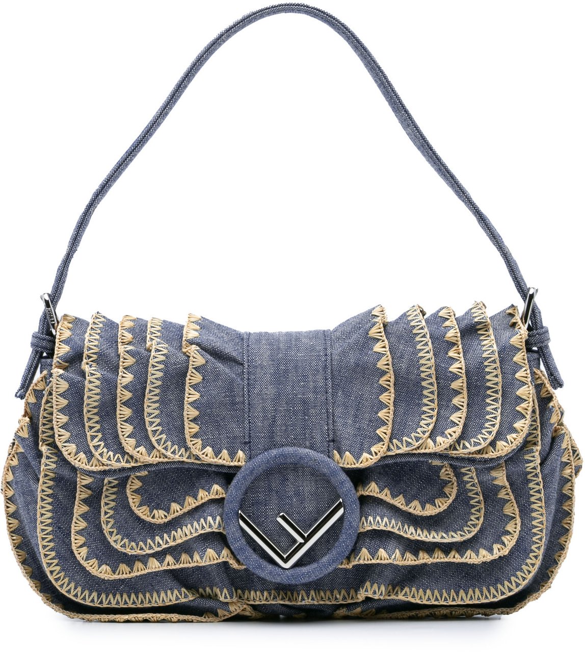 Fendi Embroidered Denim Ruffled F is Fendi Kan I Baguette Blauw