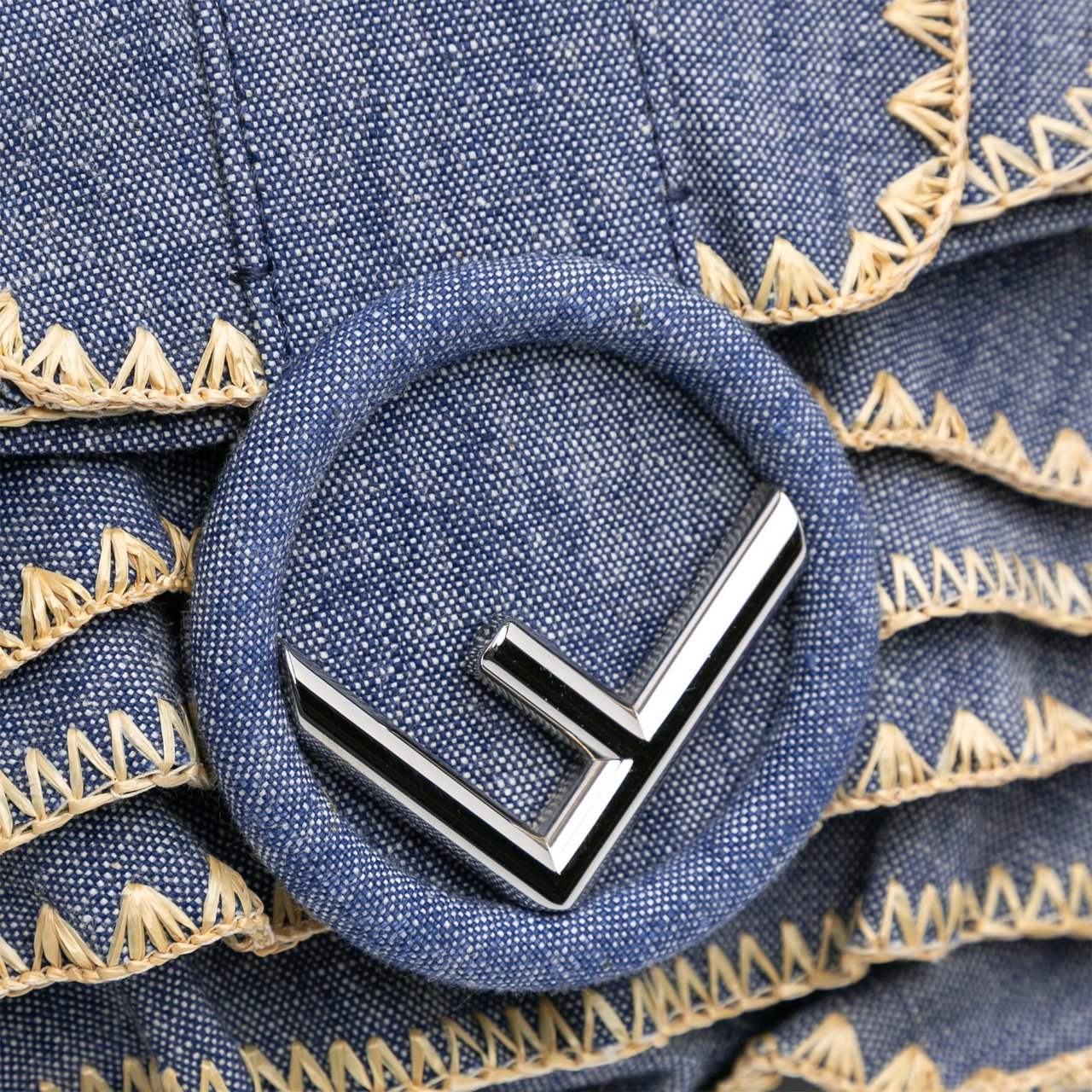 Fendi Embroidered Denim Ruffled F is Fendi Kan I Baguette Blauw