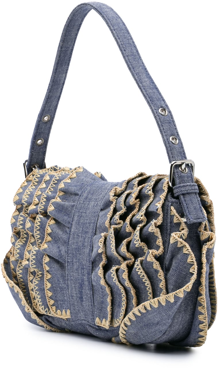 Fendi Embroidered Denim Ruffled F is Fendi Kan I Baguette Blauw