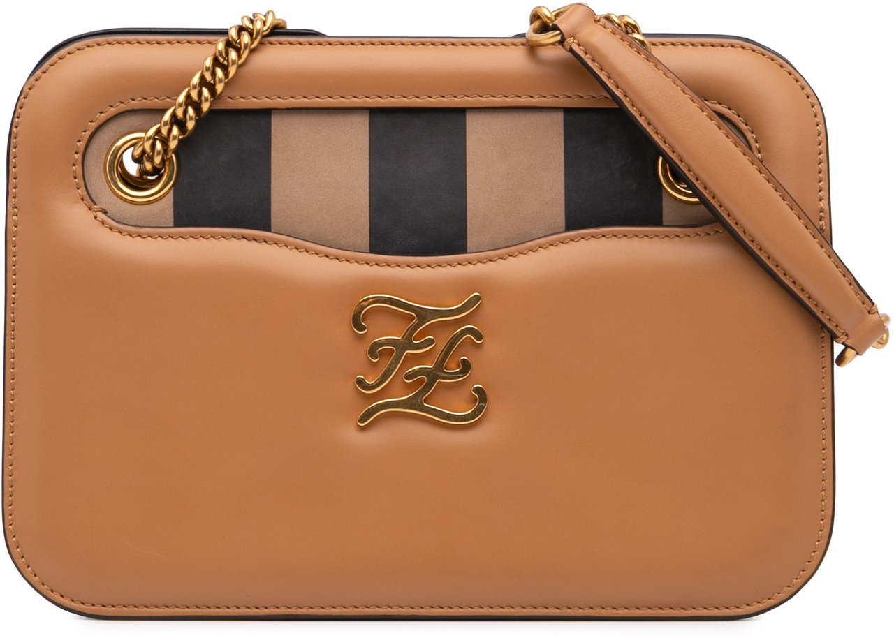 Fendi Calfskin Vitello King Nubuck Pequin Karligraphy Pocket Shoulder Bag Bruin