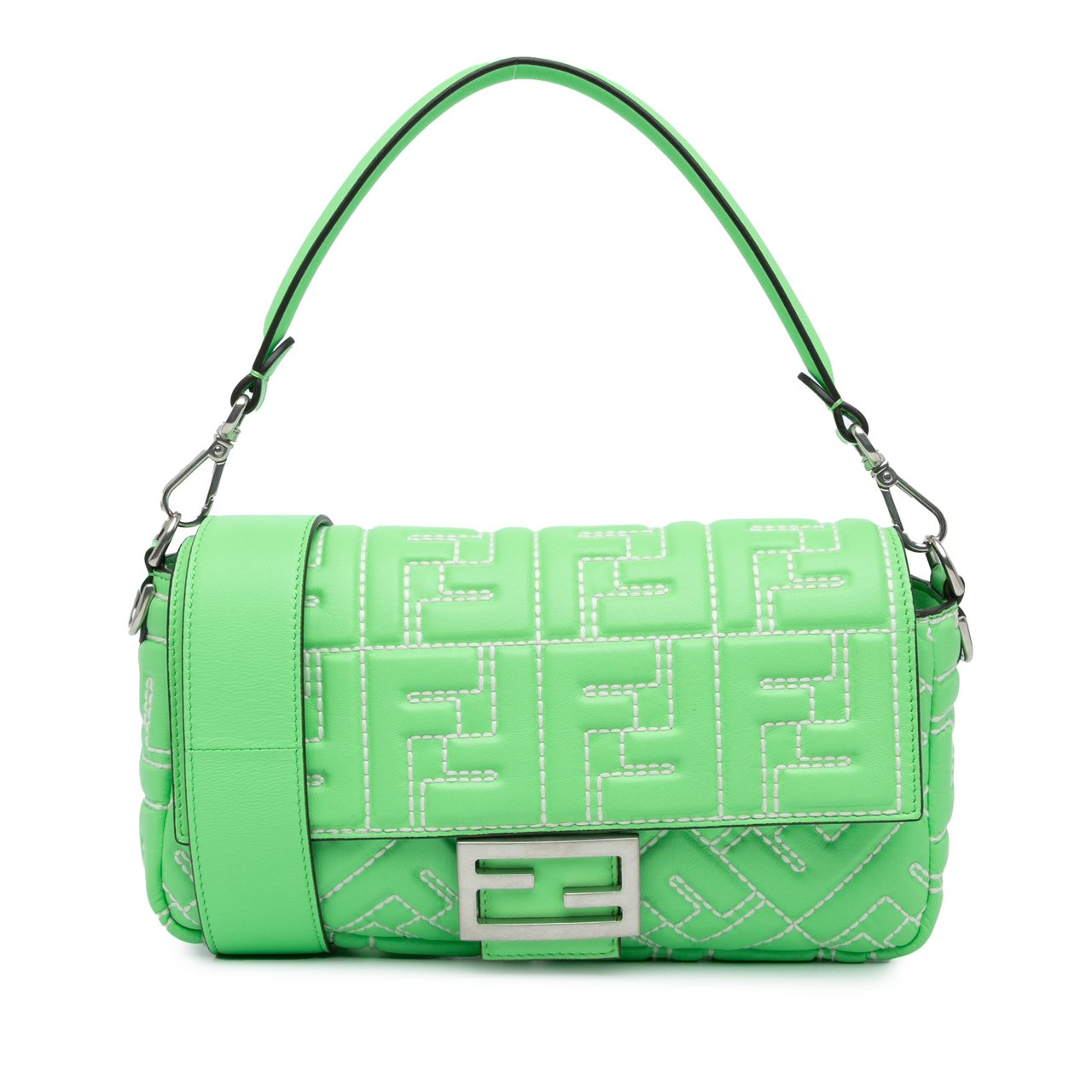 Fendi Zucca Embossed Stitched Leather Baguette Satchel Groen