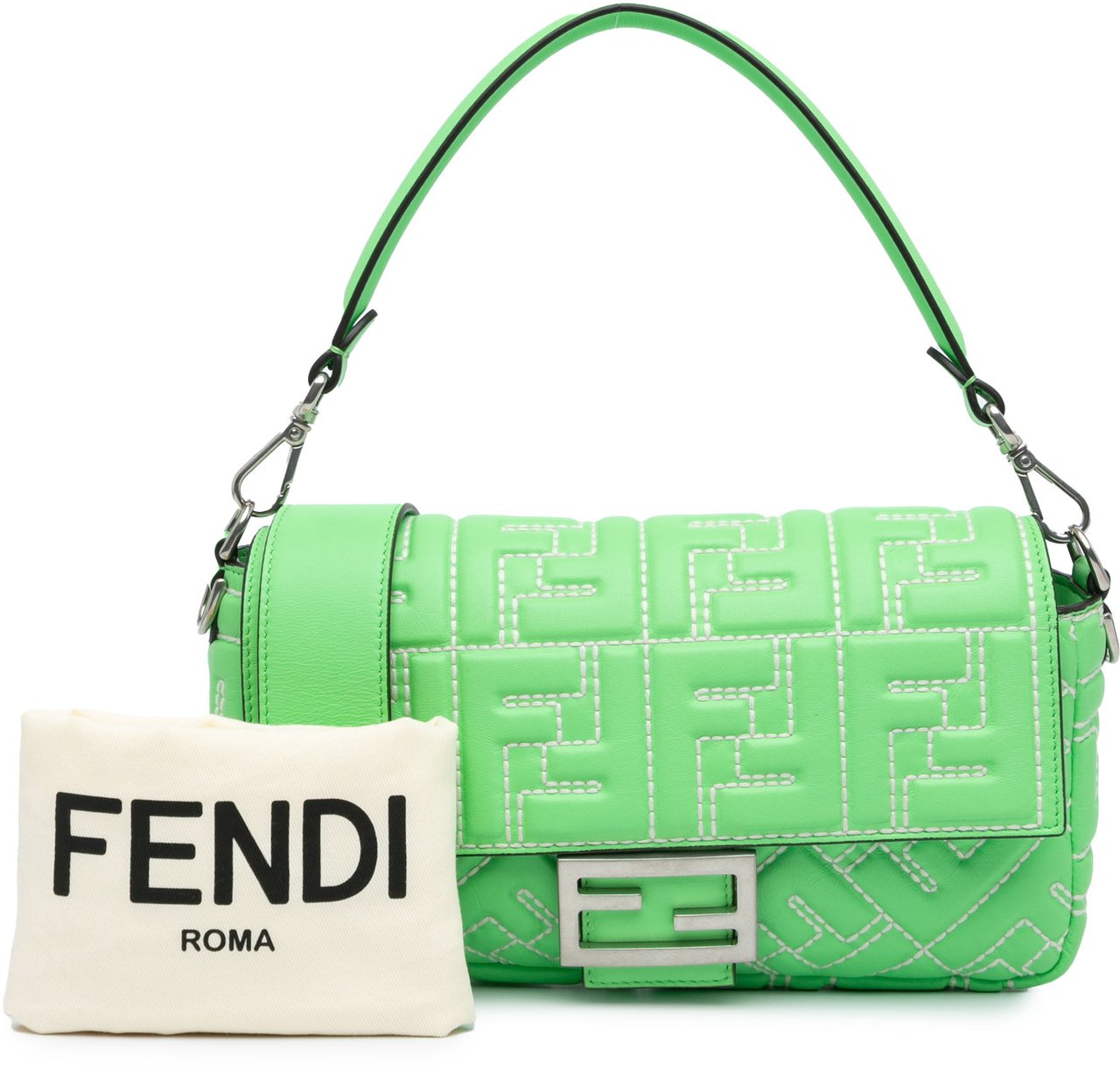Fendi Zucca Embossed Stitched Leather Baguette Satchel Groen