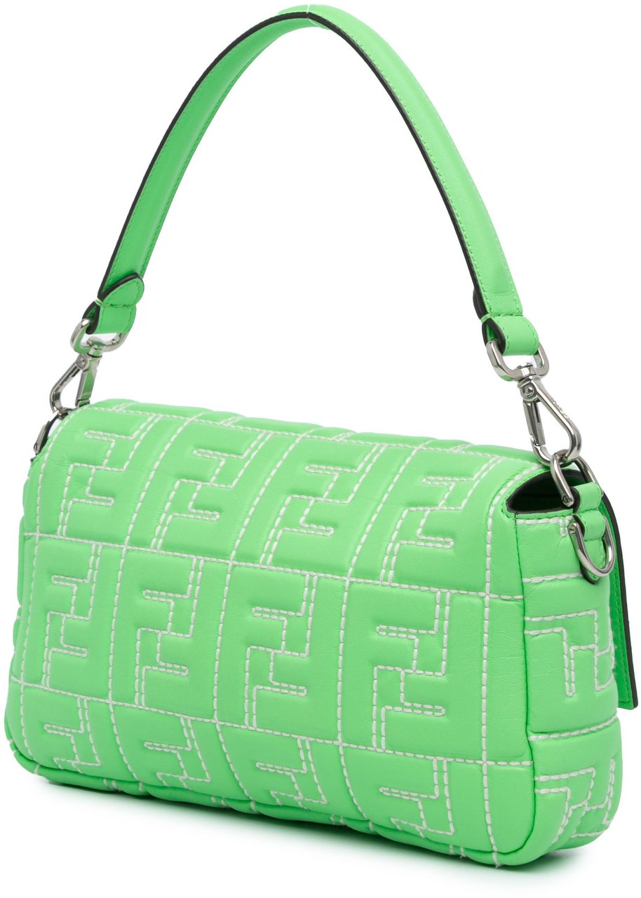 Fendi Zucca Embossed Stitched Leather Baguette Satchel Groen
