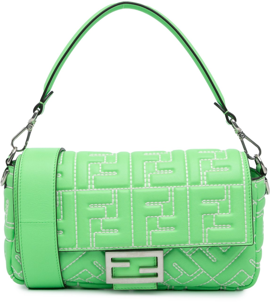 Fendi Zucca Embossed Stitched Leather Baguette Satchel Groen