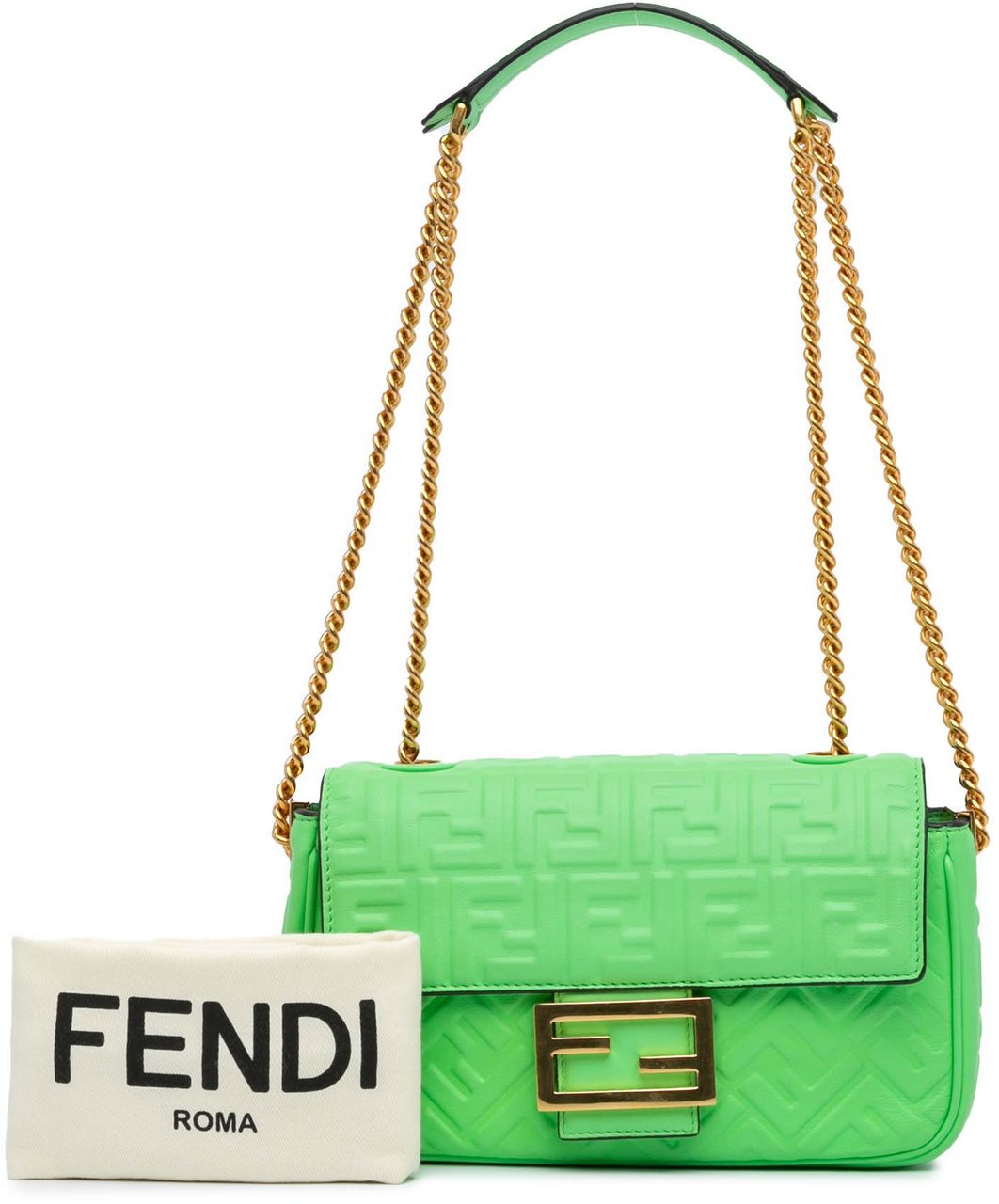 Fendi Zucca Embossed Leather Chain Midi Baguette Groen