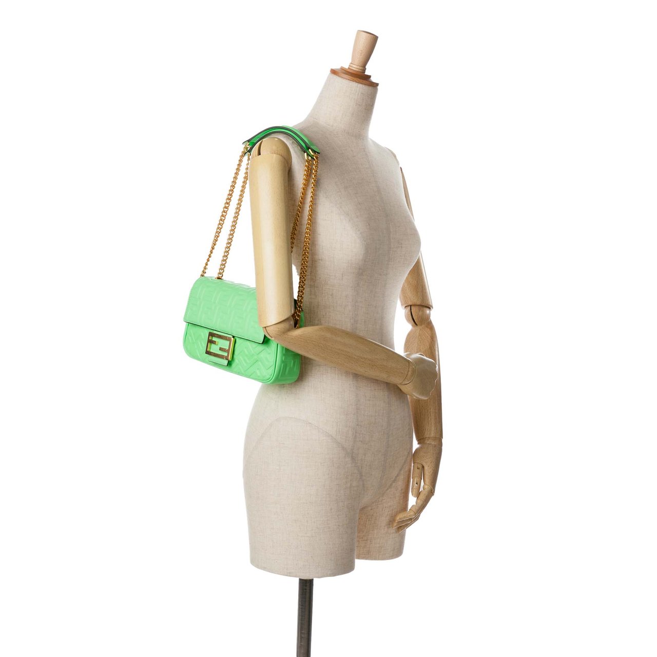 Fendi Zucca Embossed Leather Chain Midi Baguette Groen