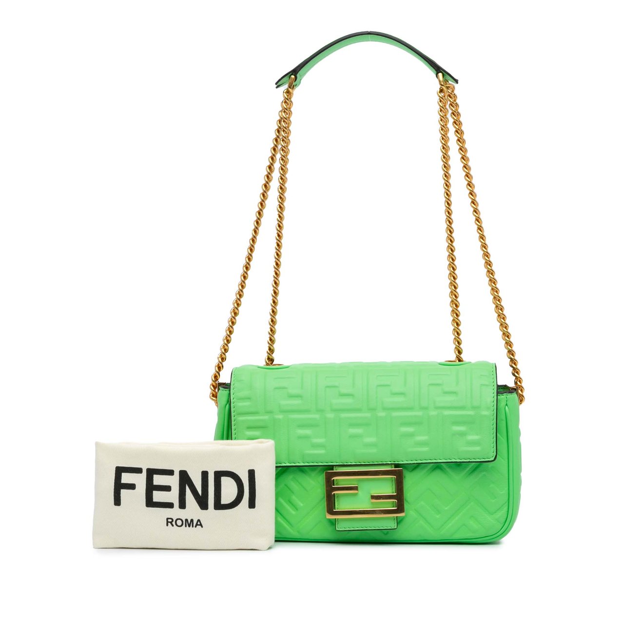 Fendi Zucca Embossed Leather Chain Midi Baguette Groen