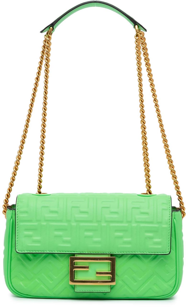 Fendi Zucca Embossed Leather Chain Midi Baguette Groen