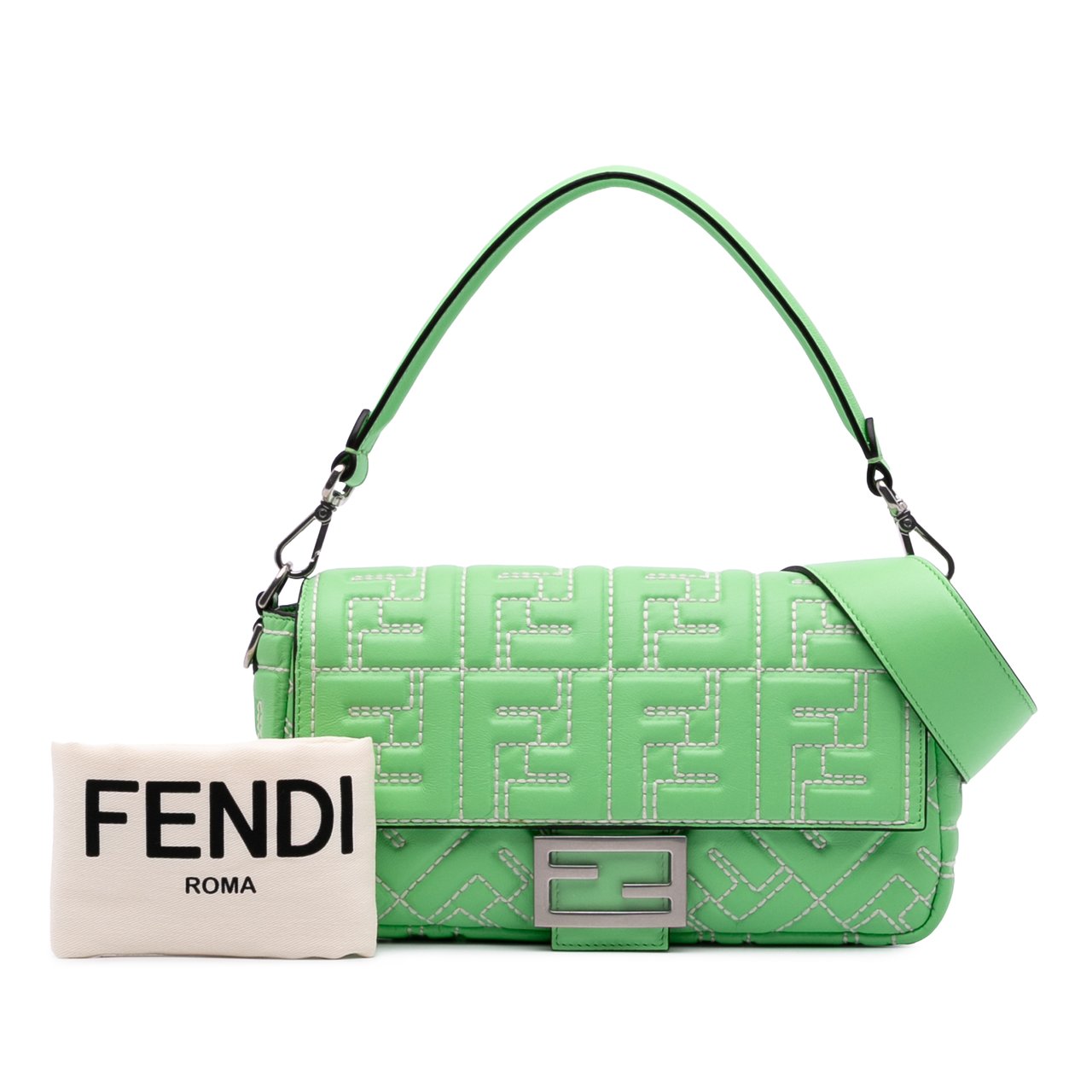 Fendi Zucca Embossed Stitched Leather Baguette Satchel Groen