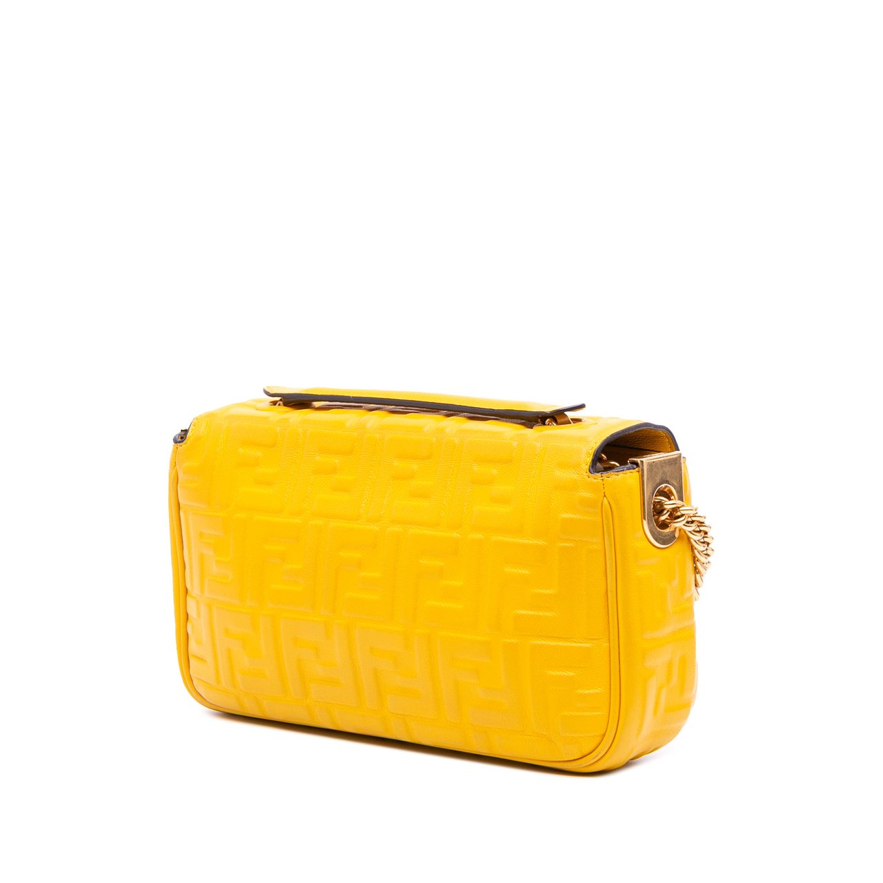 Fendi Zucca Embossed Leather Chain Midi Baguette Geel