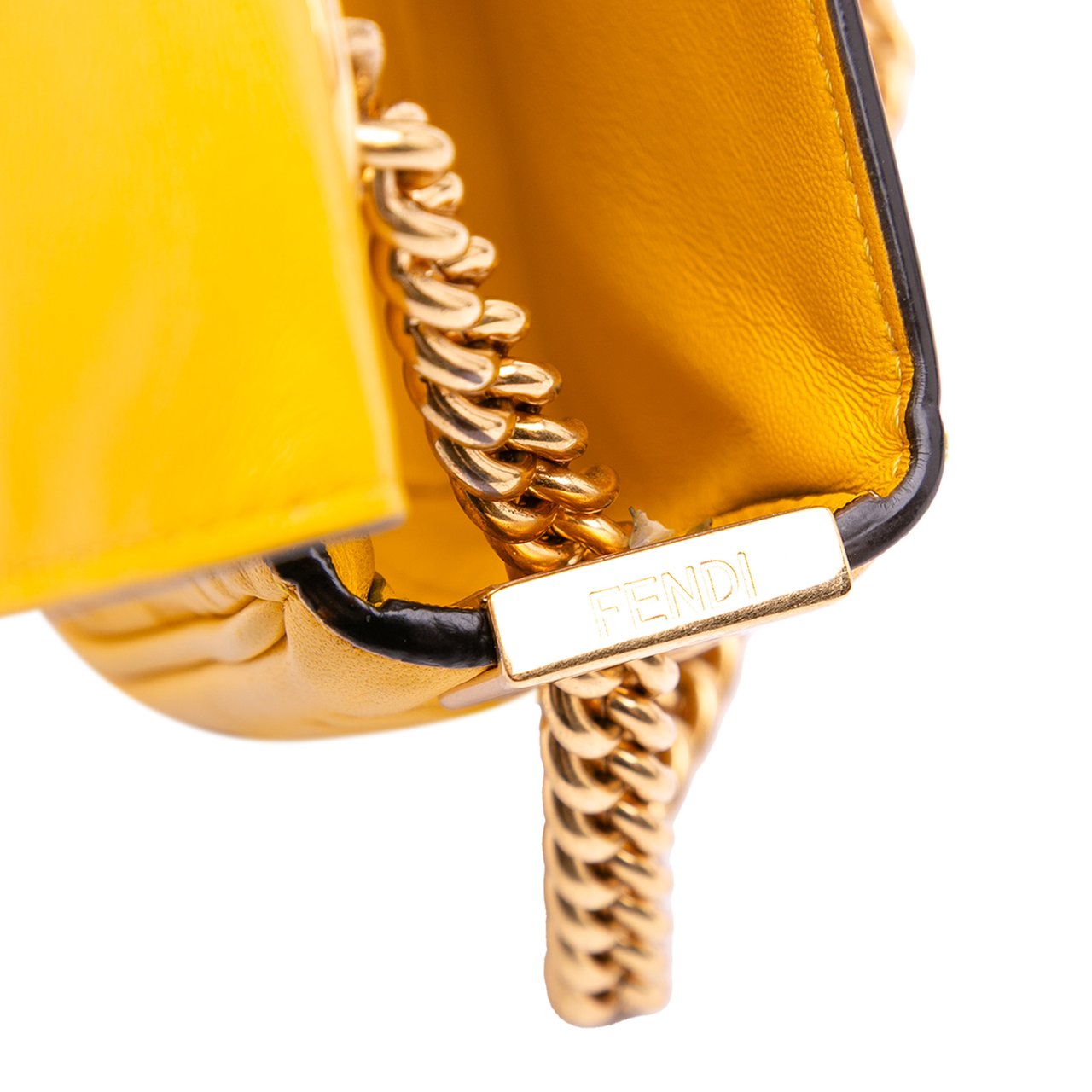 Fendi Zucca Embossed Leather Chain Midi Baguette Geel