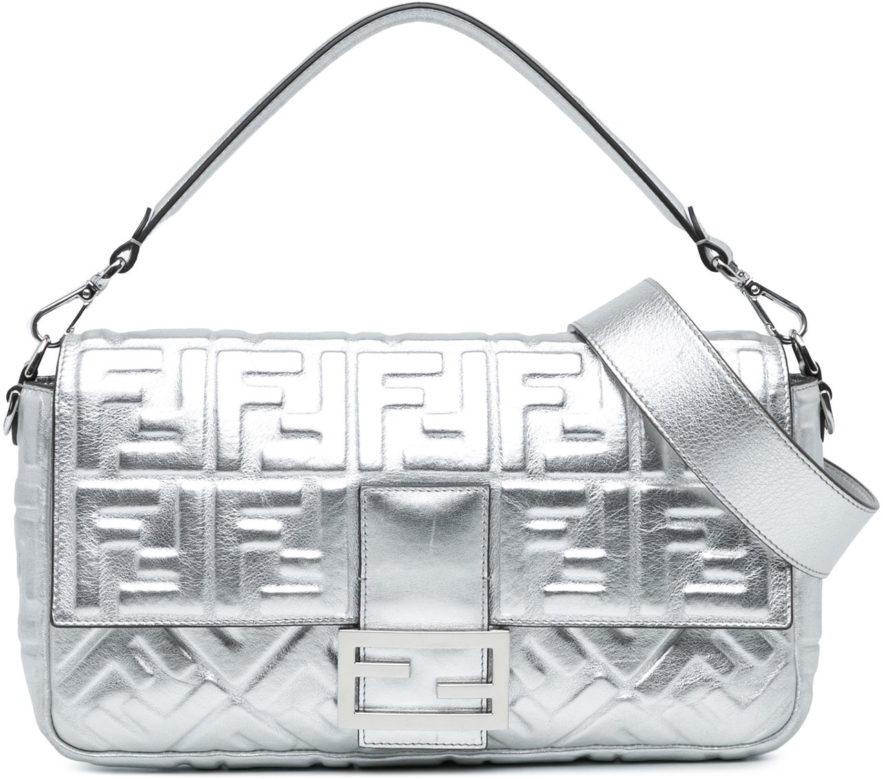Fendi Large Zucca Embossed Leather Baguette Satchel Zilver
