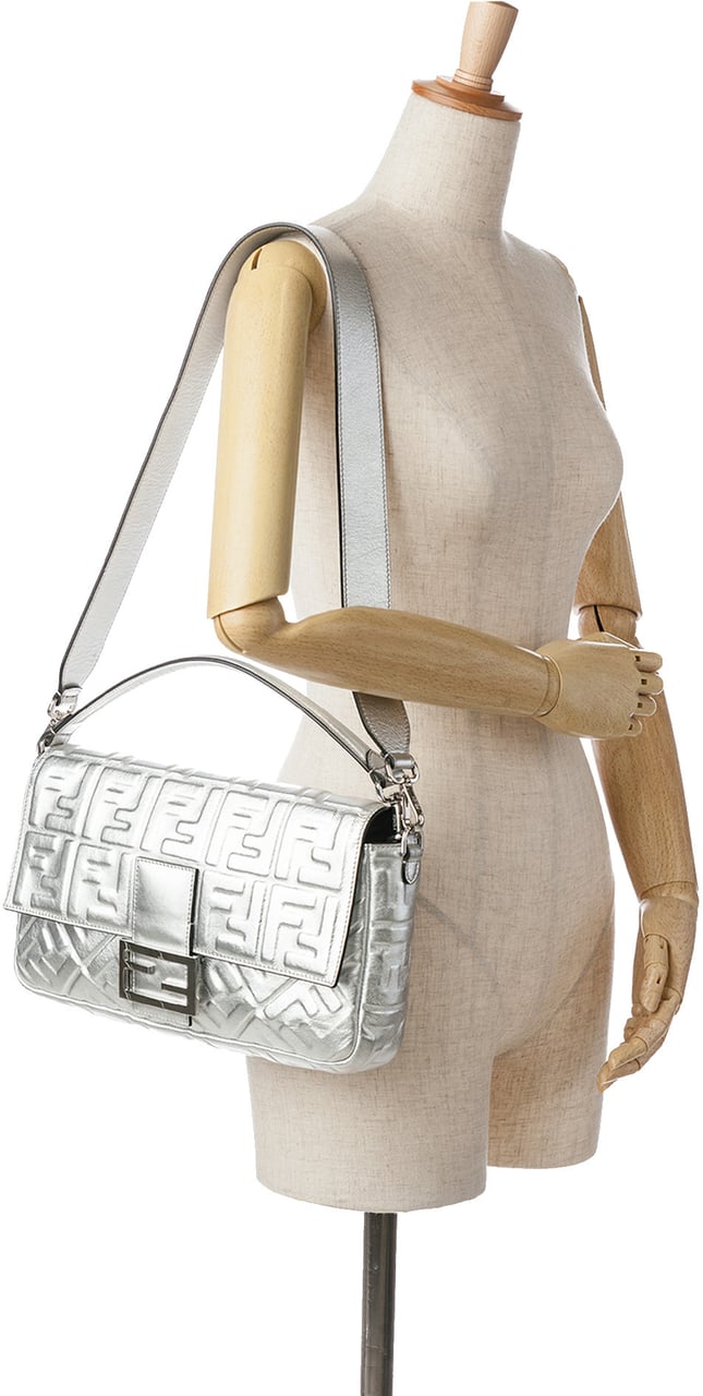 Fendi Large Zucca Embossed Leather Baguette Satchel Zilver