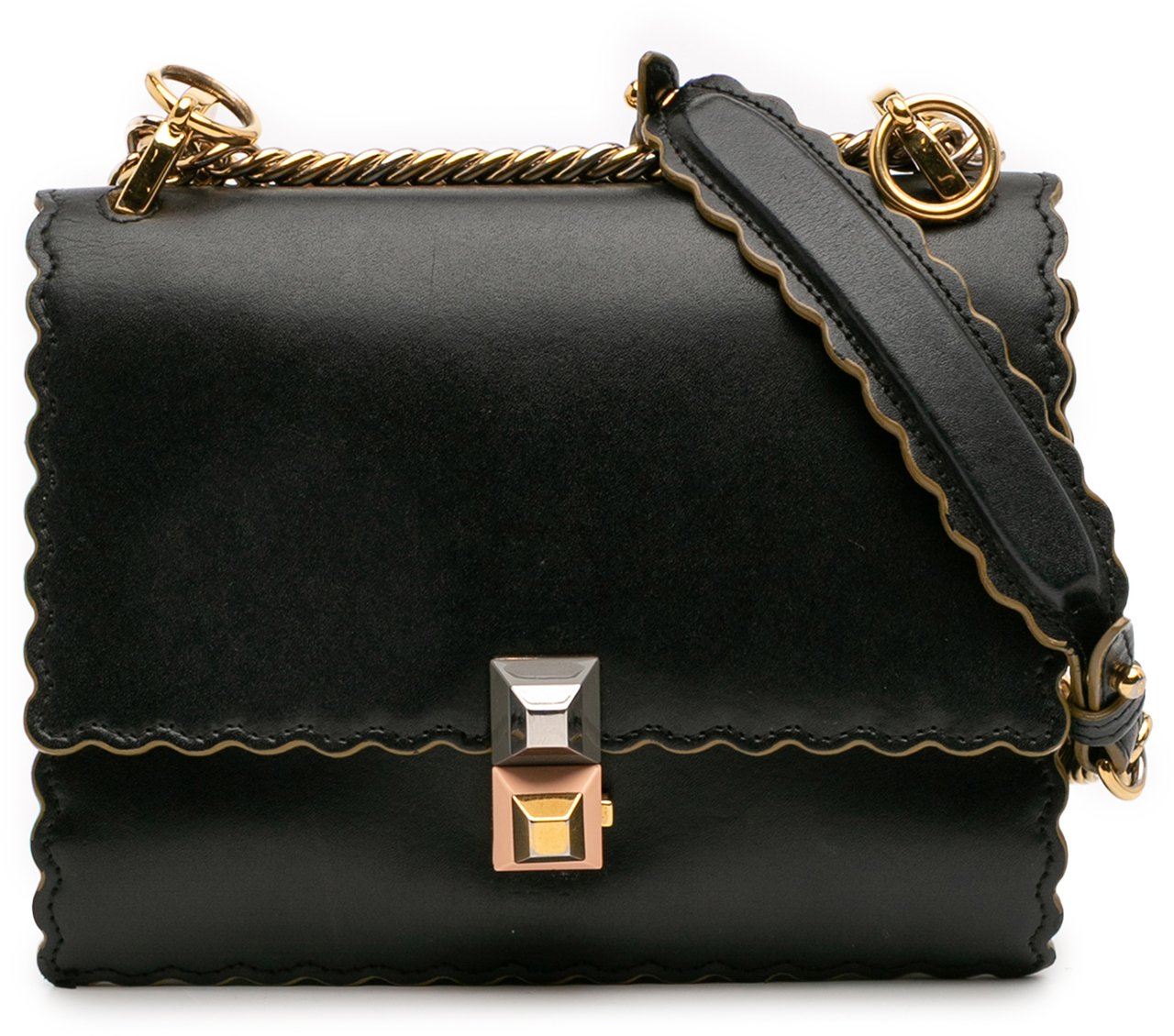 Fendi Small Scalloped Leather Kan I Crossbody Zwart