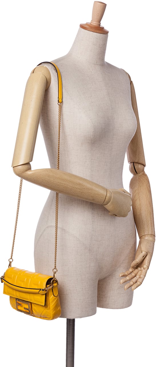 Fendi Mini Zucca Embossed Leather Baguette Satchel Geel