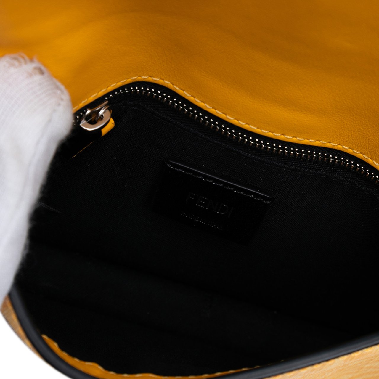 Fendi Sarah Coleman Small Glazed Fabric FF Vertigo Convertible Baguette Pouch Geel