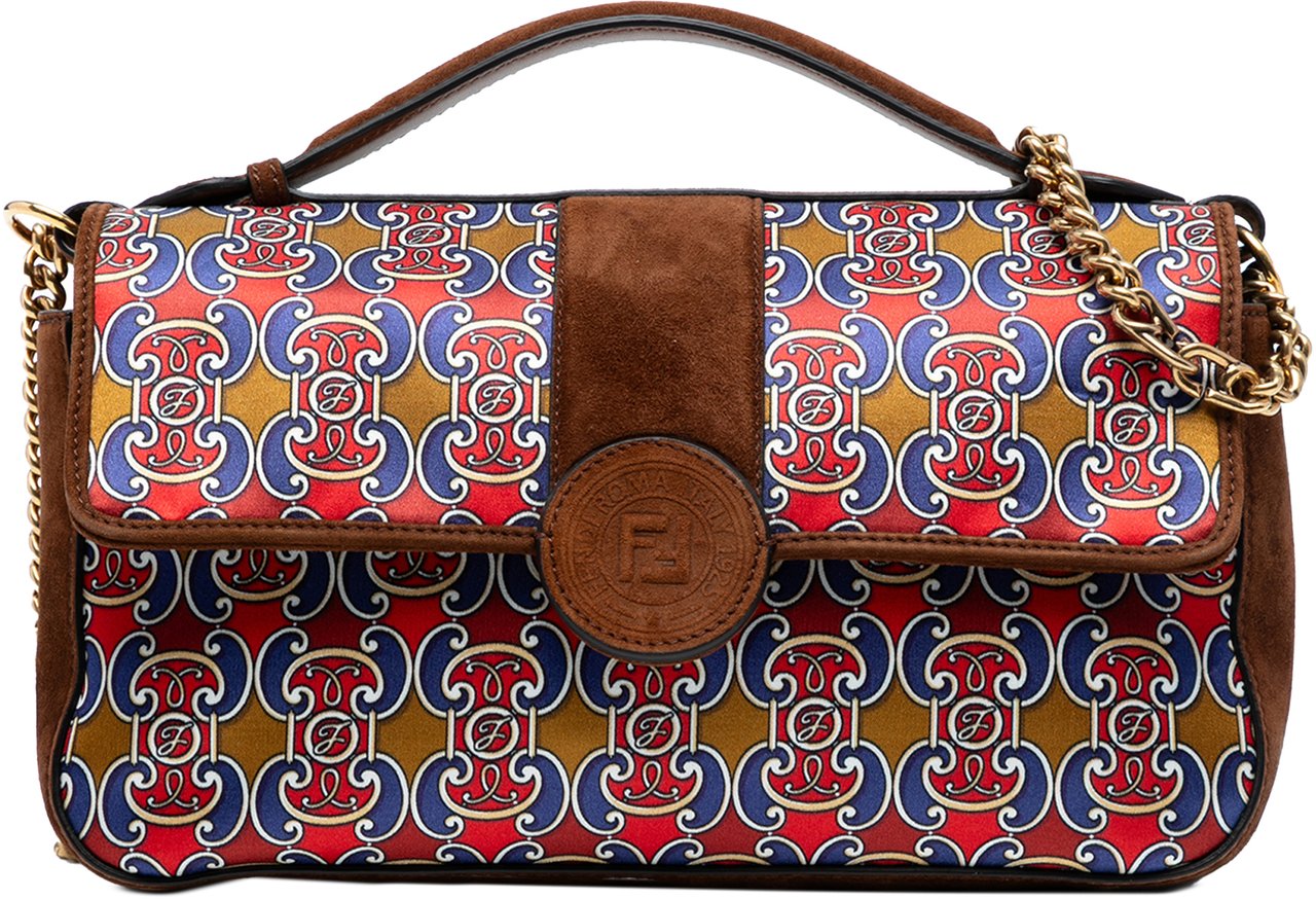 Fendi Printed Satin and Suede Double F Baguette Satchel Bruin