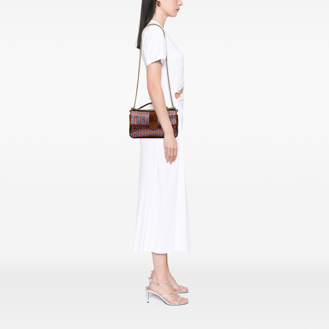 Fendi Printed Satin and Suede Double F Baguette Satchel Bruin