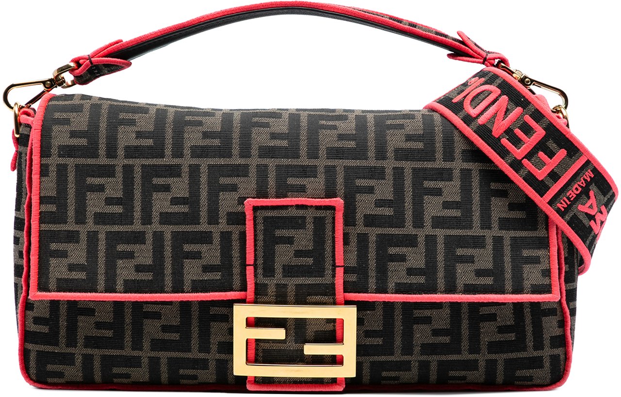 Fendi Medium Zucca Canvas Fluo Trim Baguette Satchel Bruin