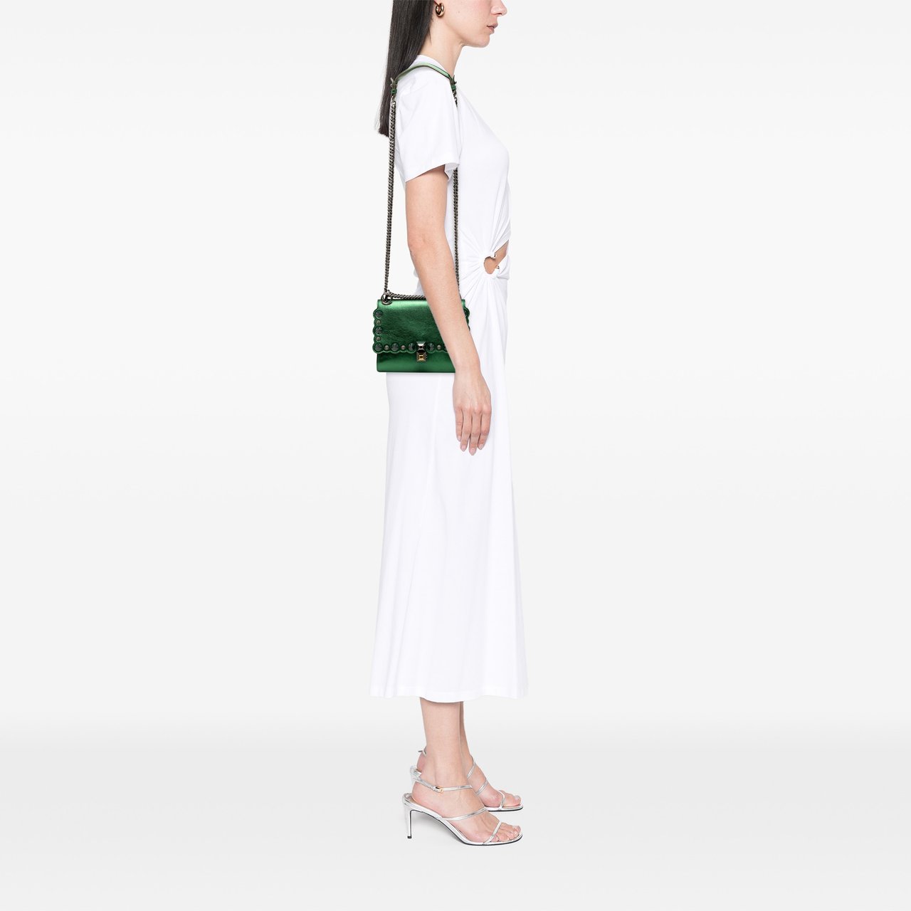 Fendi Small Leather Scalloped Kan I Crossbody Groen