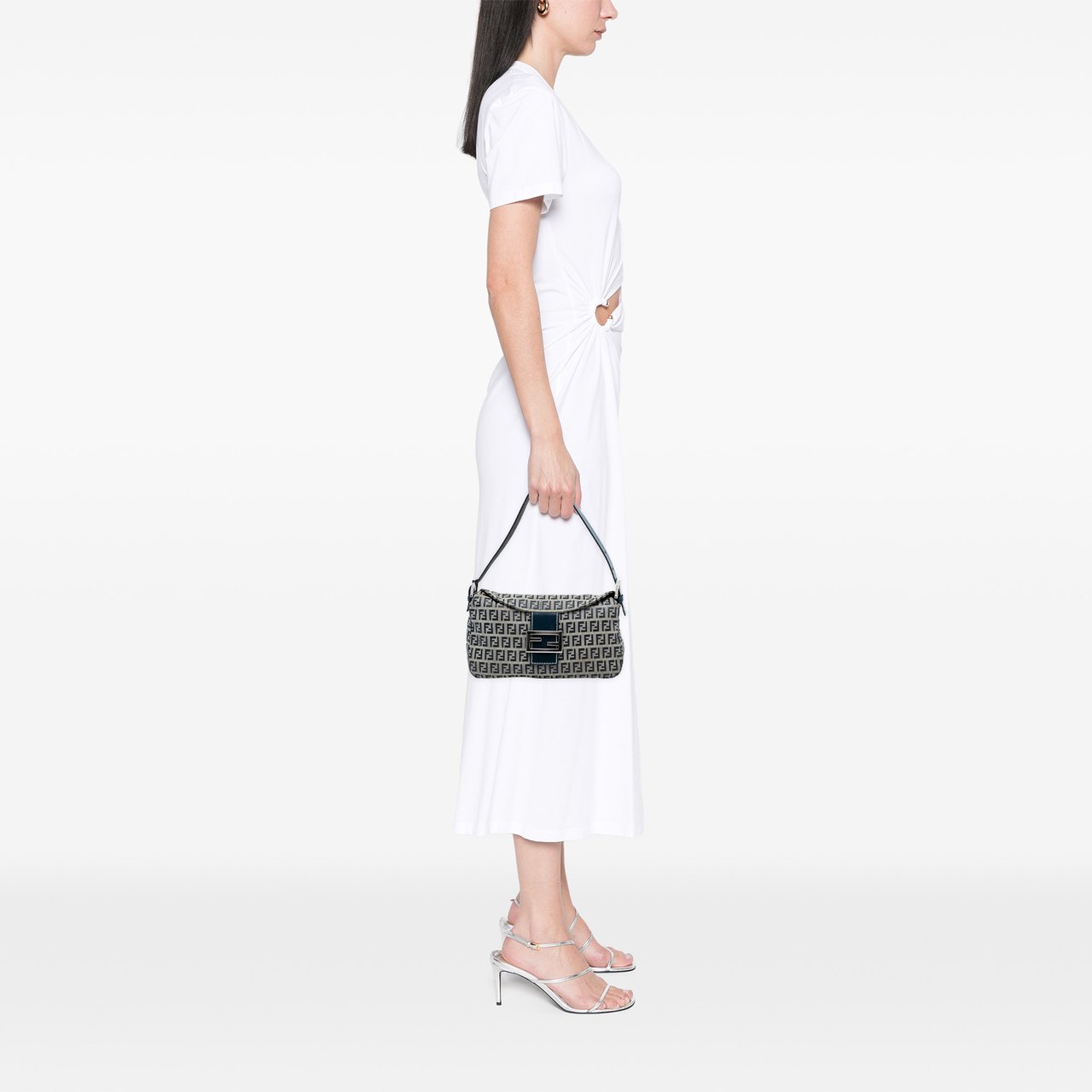 Fendi Zucchino Canvas Double Flap Shoulder Bag Grijs