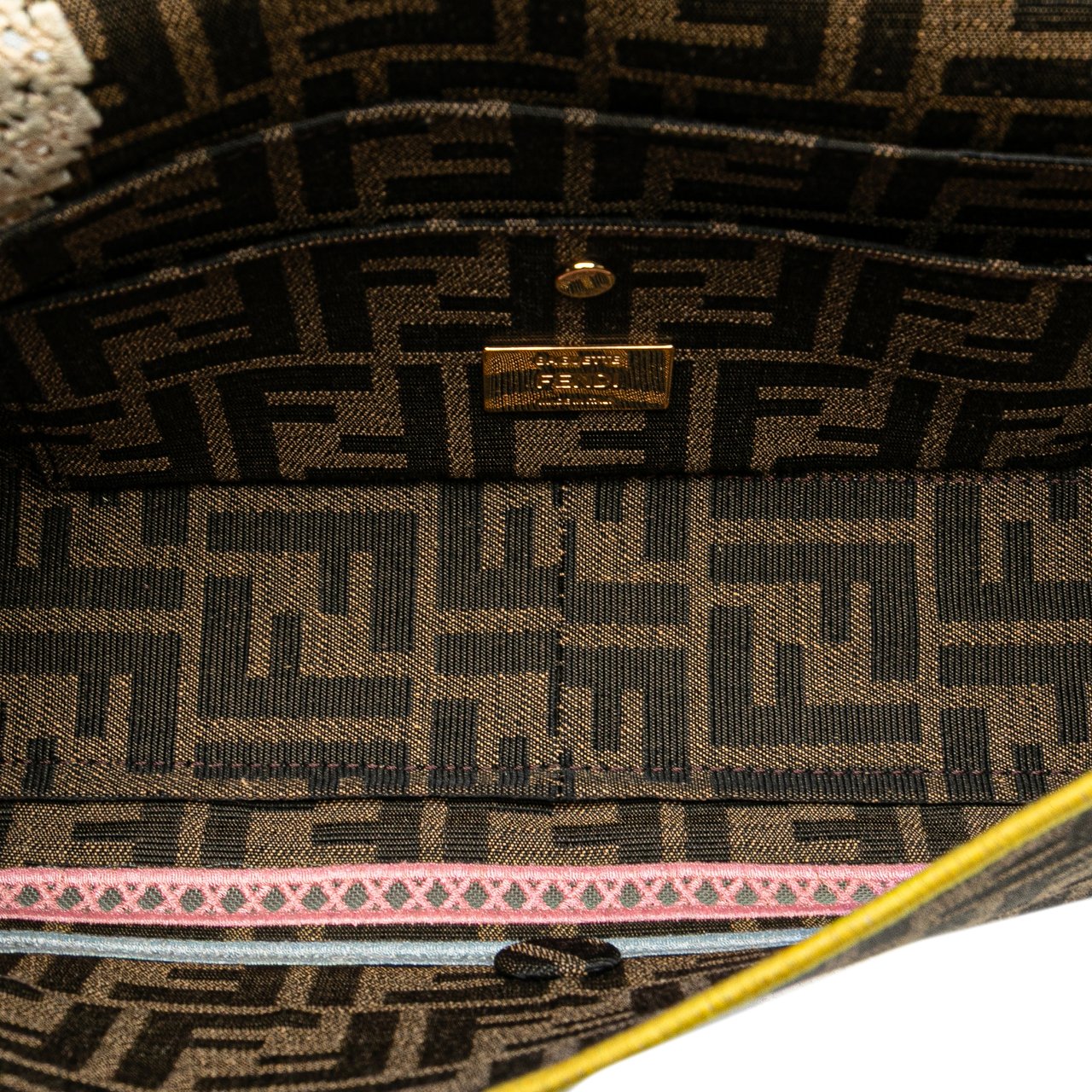 Fendi Zucca Embroidered Canvas Floral Baguette Satchel Bruin
