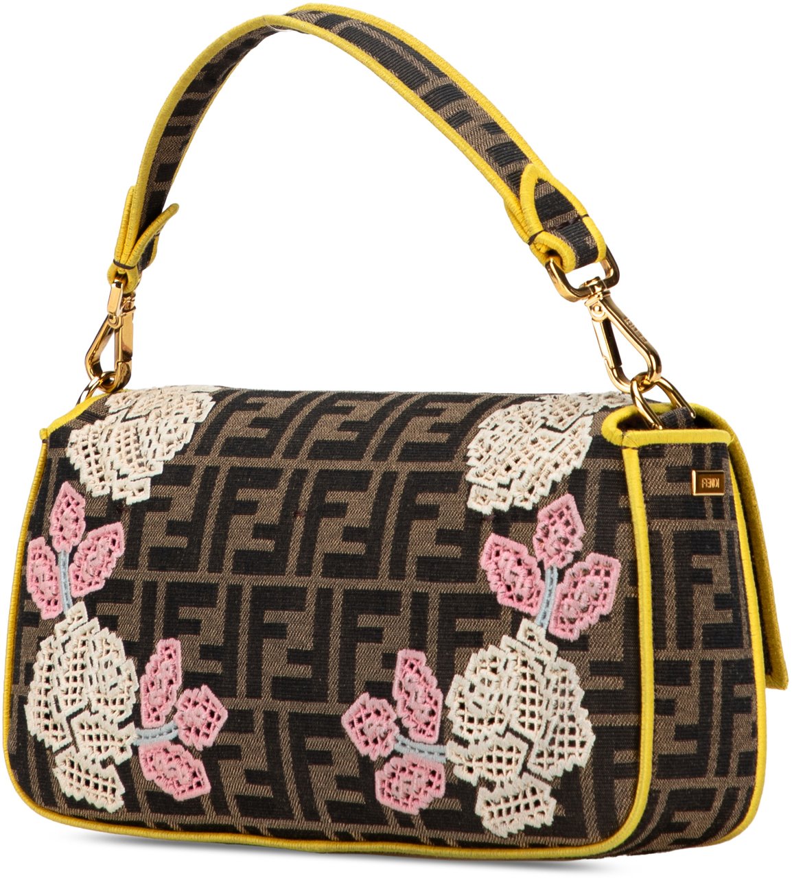 Fendi Zucca Embroidered Canvas Floral Baguette Satchel Bruin