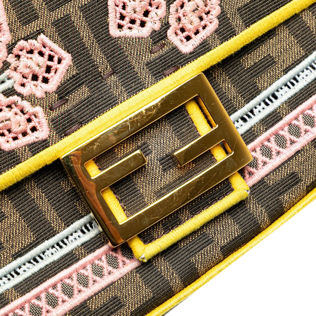 Fendi Zucca Embroidered Canvas Floral Baguette Satchel Bruin