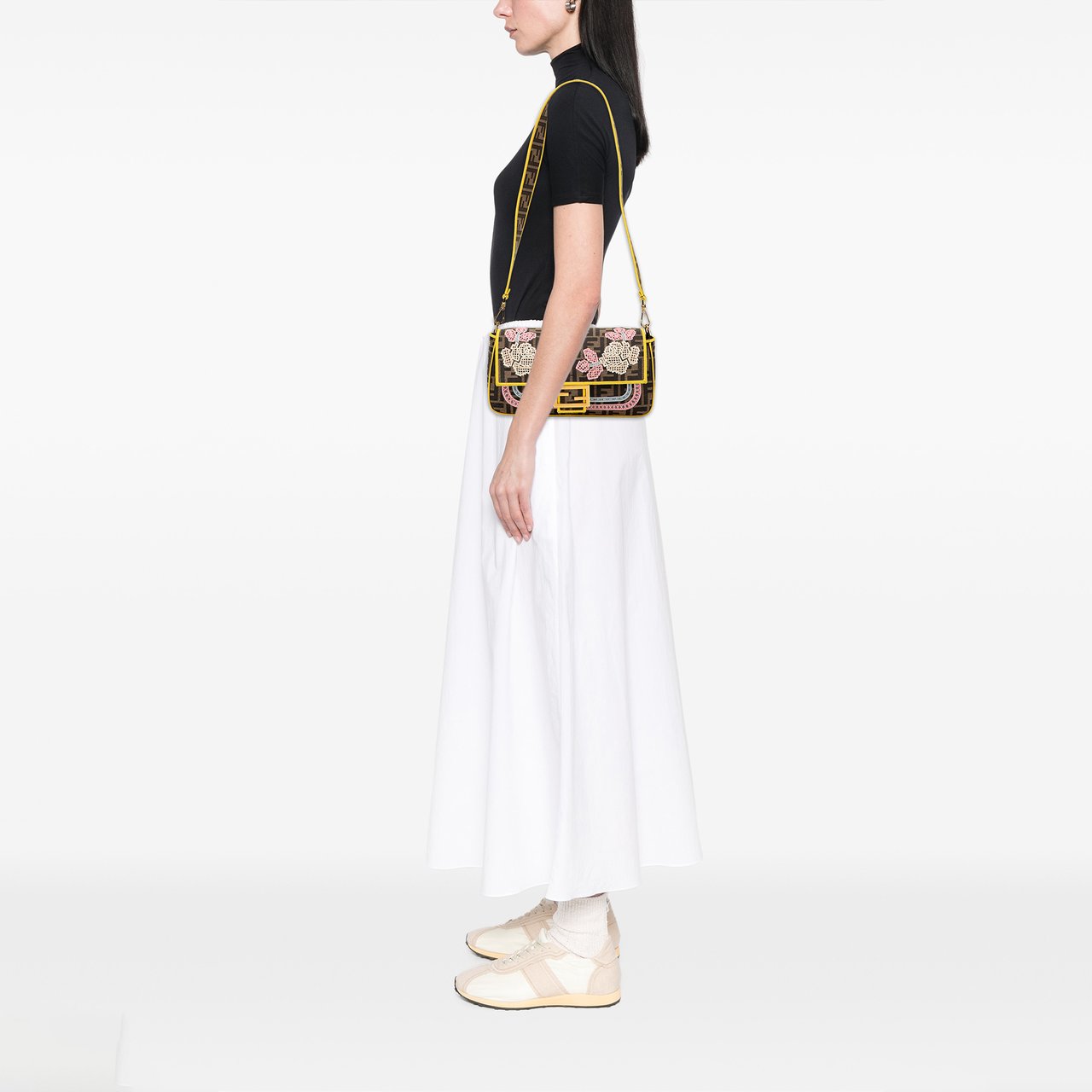 Fendi Zucca Embroidered Canvas Floral Baguette Satchel Bruin