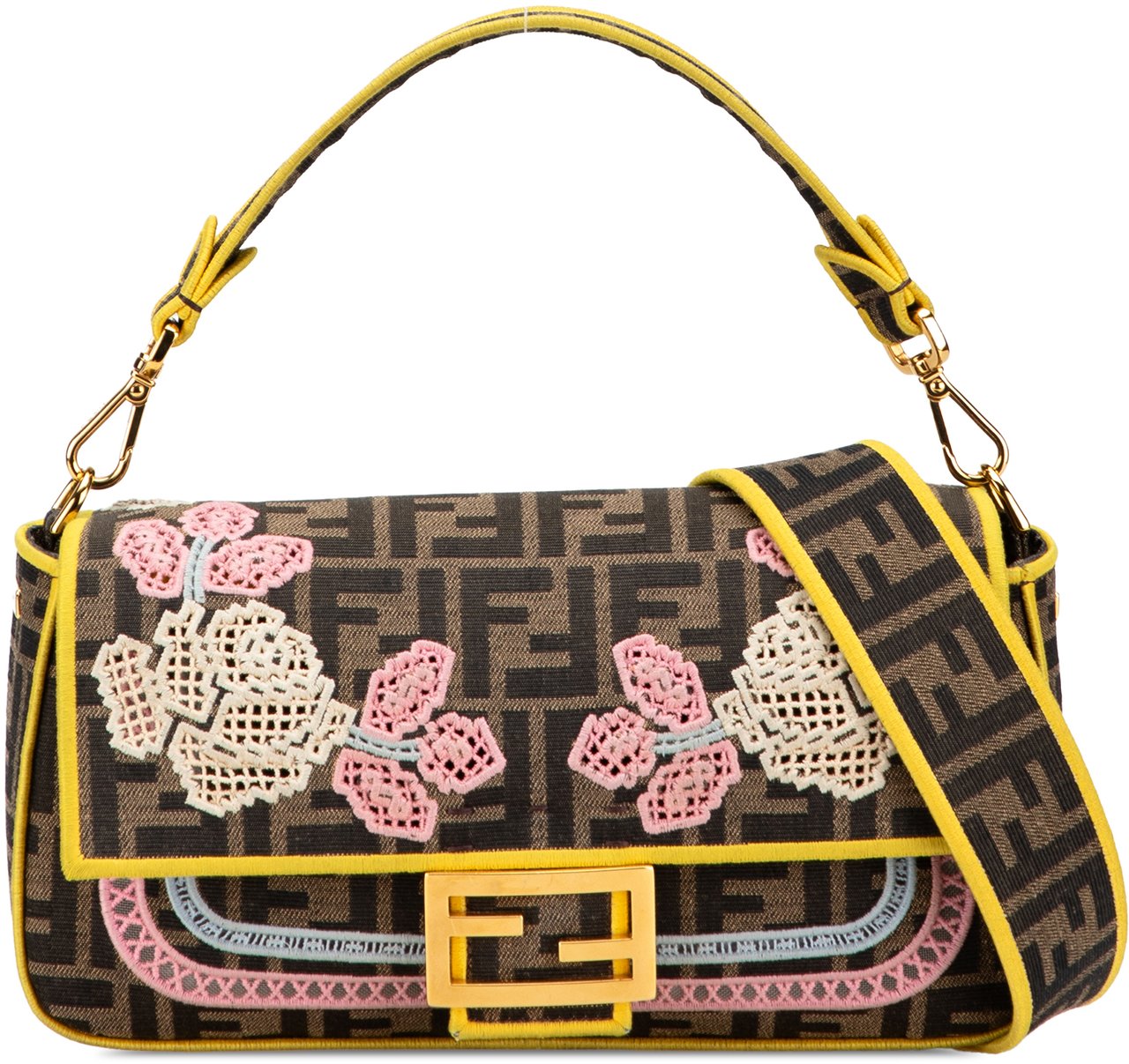 Fendi Zucca Embroidered Canvas Floral Baguette Satchel Bruin