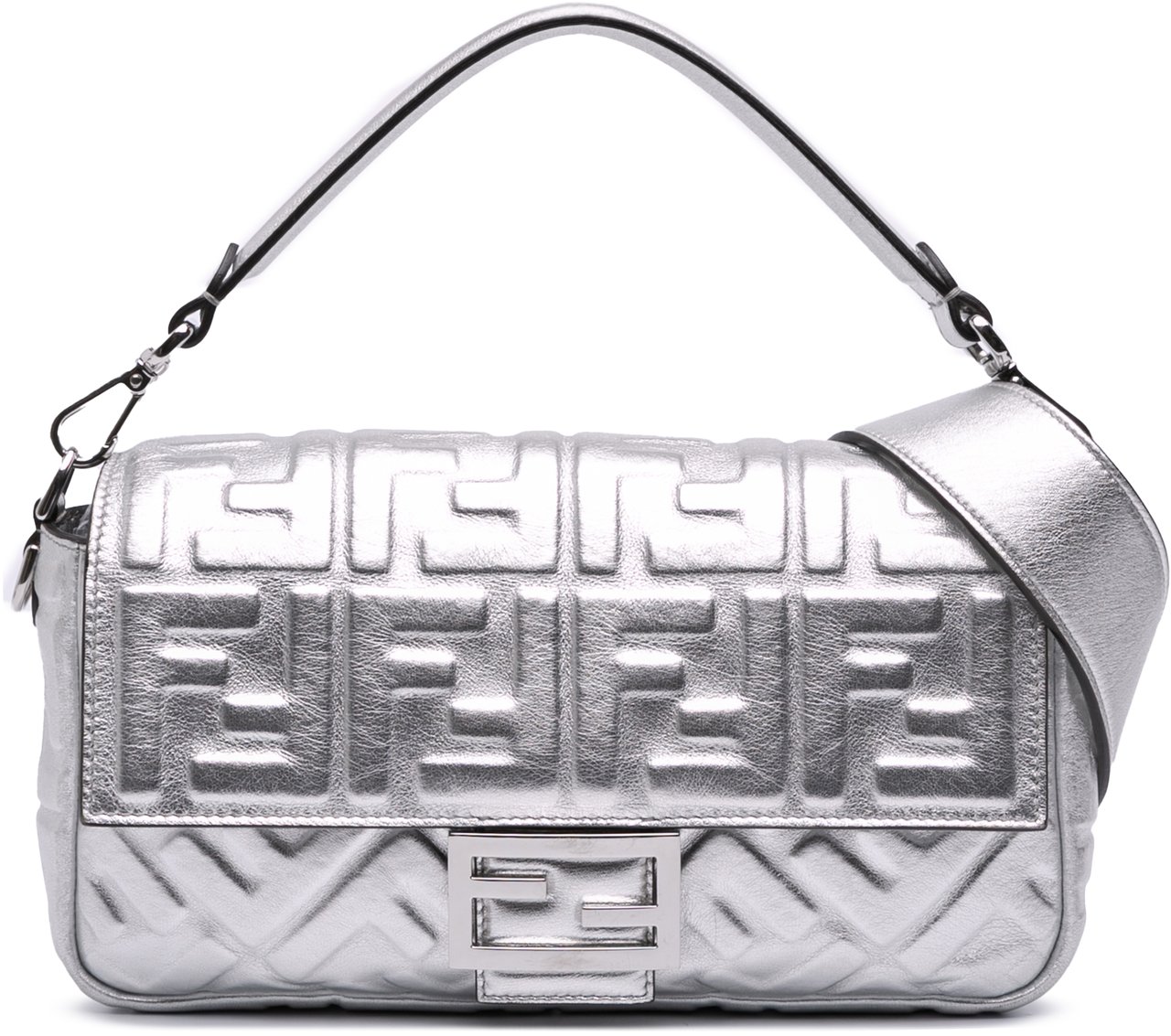 Fendi Zucca Embossed Leather Baguette Satchel Zilver