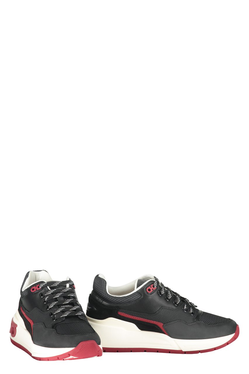 Ferragamo Leather and fabric low-top sneakers Zwart