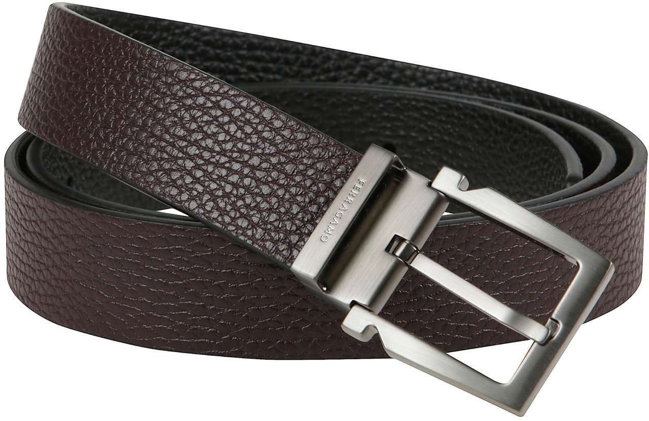 Ferragamo Grained Leather Belt with Geometric Buckle Zwart
