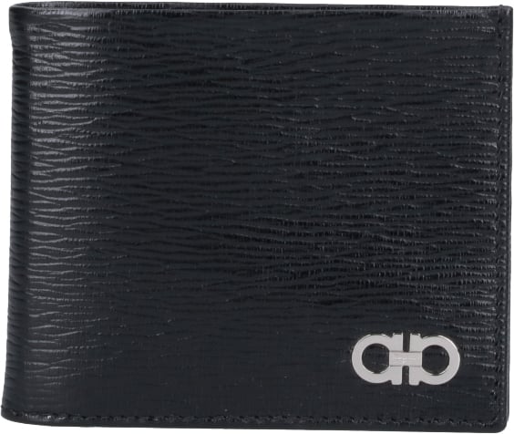 Ferragamo Black Gancini Crinkle Leather Bifold Wallet Zwart