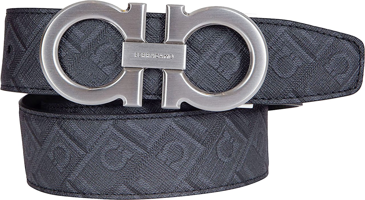 Ferragamo Reversible Black Calf Leather and Coated Fabric Belt Grijs