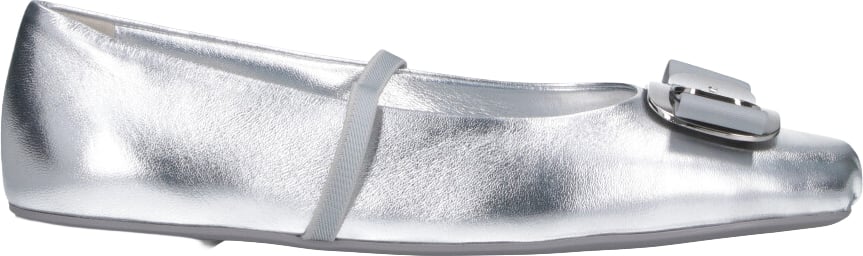 Ferragamo Rounded Toe Metallic Silver Flat Shoes Zilver