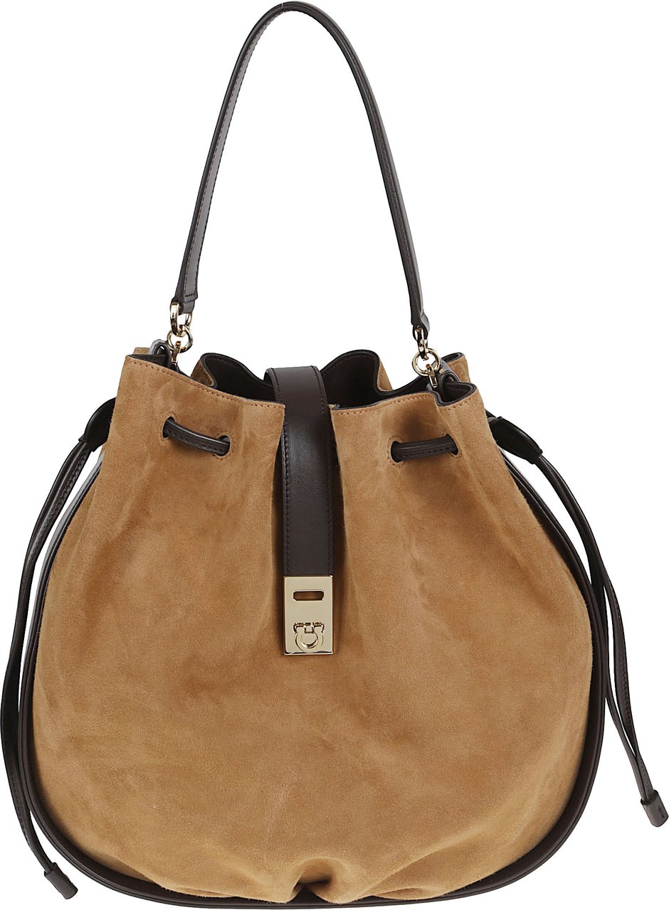 Ferragamo Suede Bucket Bag with Crocodile-Effect Print and Dual Carry Options Goud