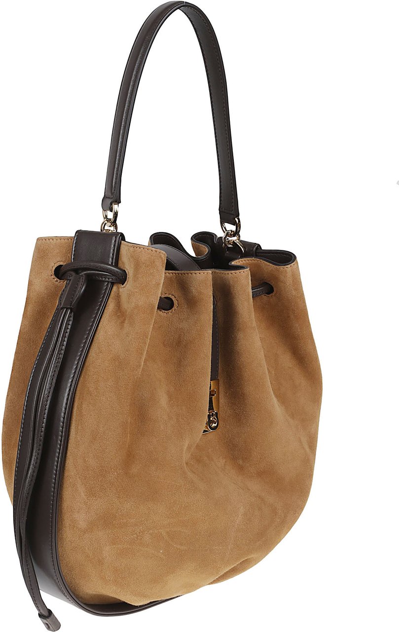 Ferragamo Suede Bucket Bag with Crocodile-Effect Print and Dual Carry Options Goud