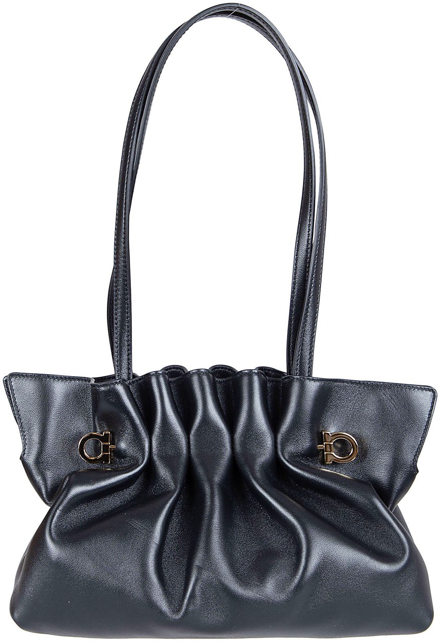 Ferragamo Gathered Black Nappa Leather Soft Bag with Gold Accents Grijs