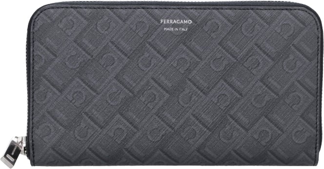 Ferragamo Black Central Zip Leather Wallet Zwart