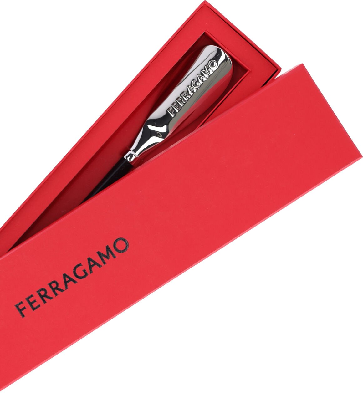 Ferragamo Black Leather Silver Brass Shoehorn Zwart