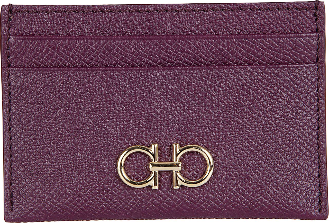 Ferragamo Textured Calf Leather Cardholder with Gold-Toned Gancini Emblem Grijs