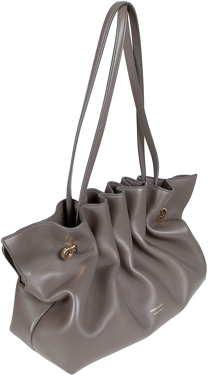 Ferragamo Ruched Grey Lamb Leather Shoulder Bag with Dual Straps Grijs