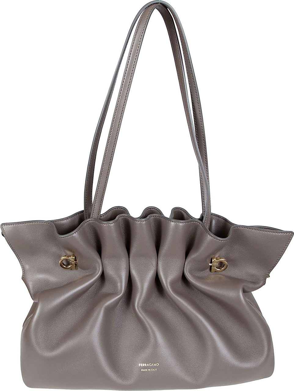 Ferragamo Ruched Grey Lamb Leather Shoulder Bag with Dual Straps Grijs