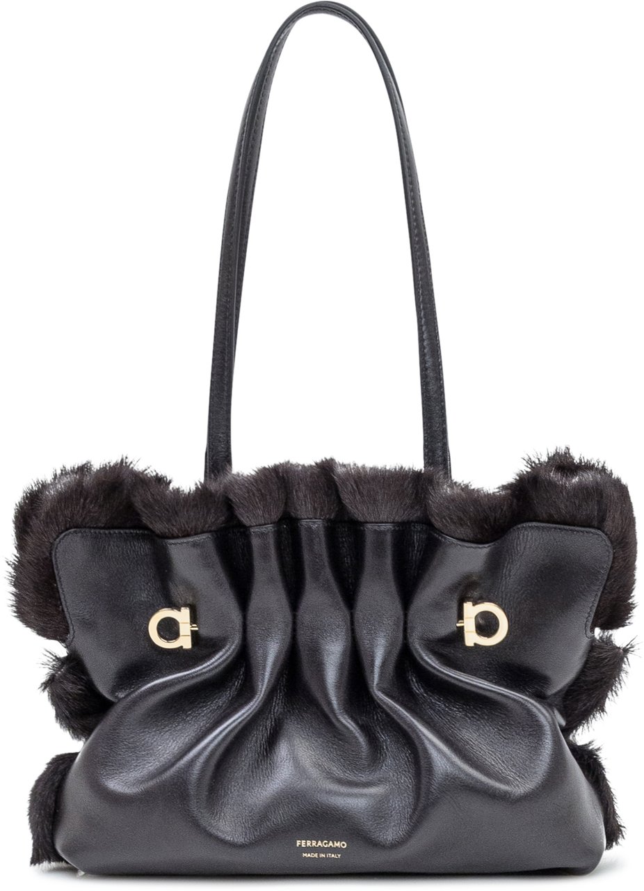 Ferragamo Ferragamo Borsa Soft SH in Pelle e Pelliccia Nera Bruin