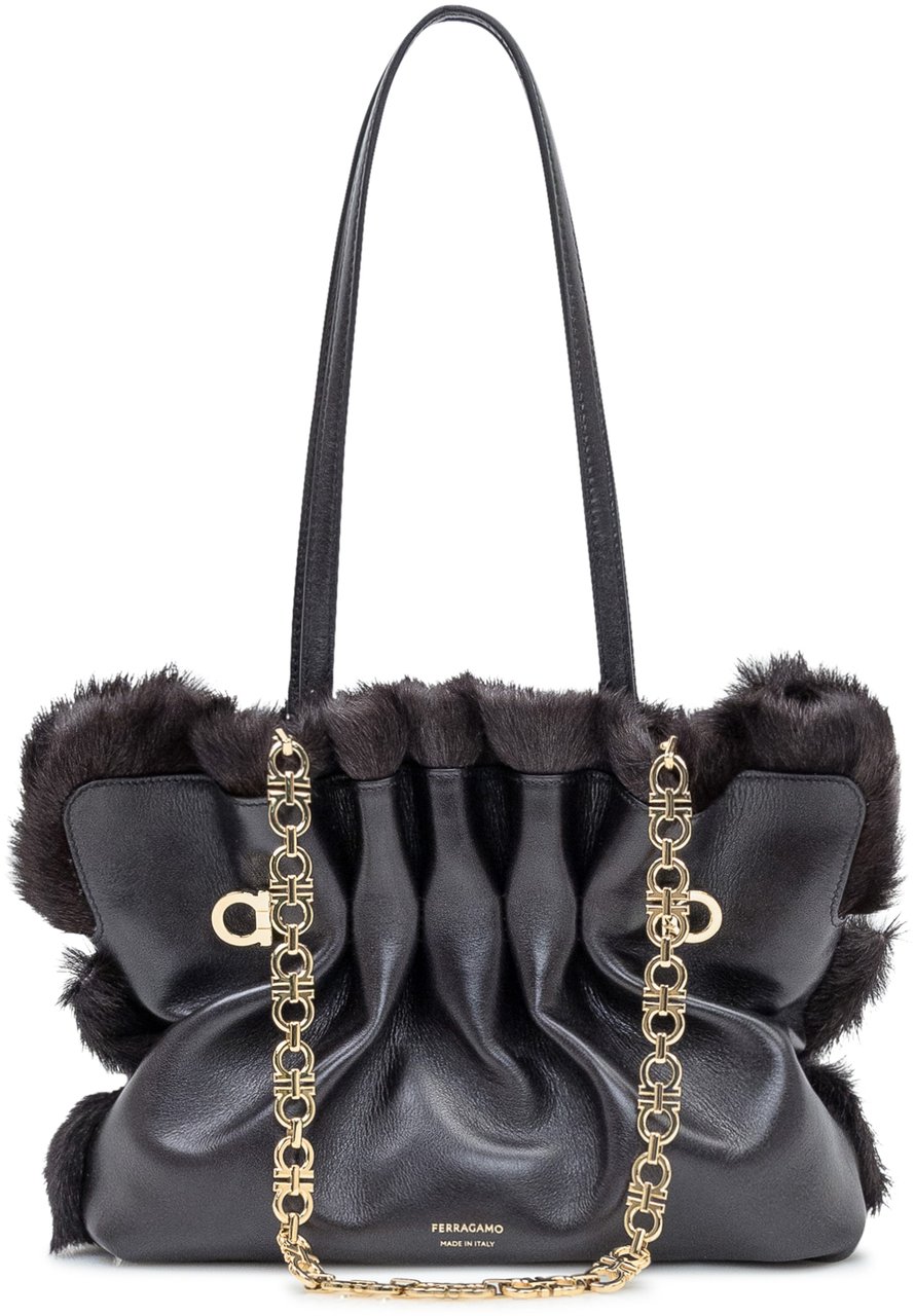 Ferragamo Ferragamo Borsa Soft SH in Pelle e Pelliccia Nera Bruin