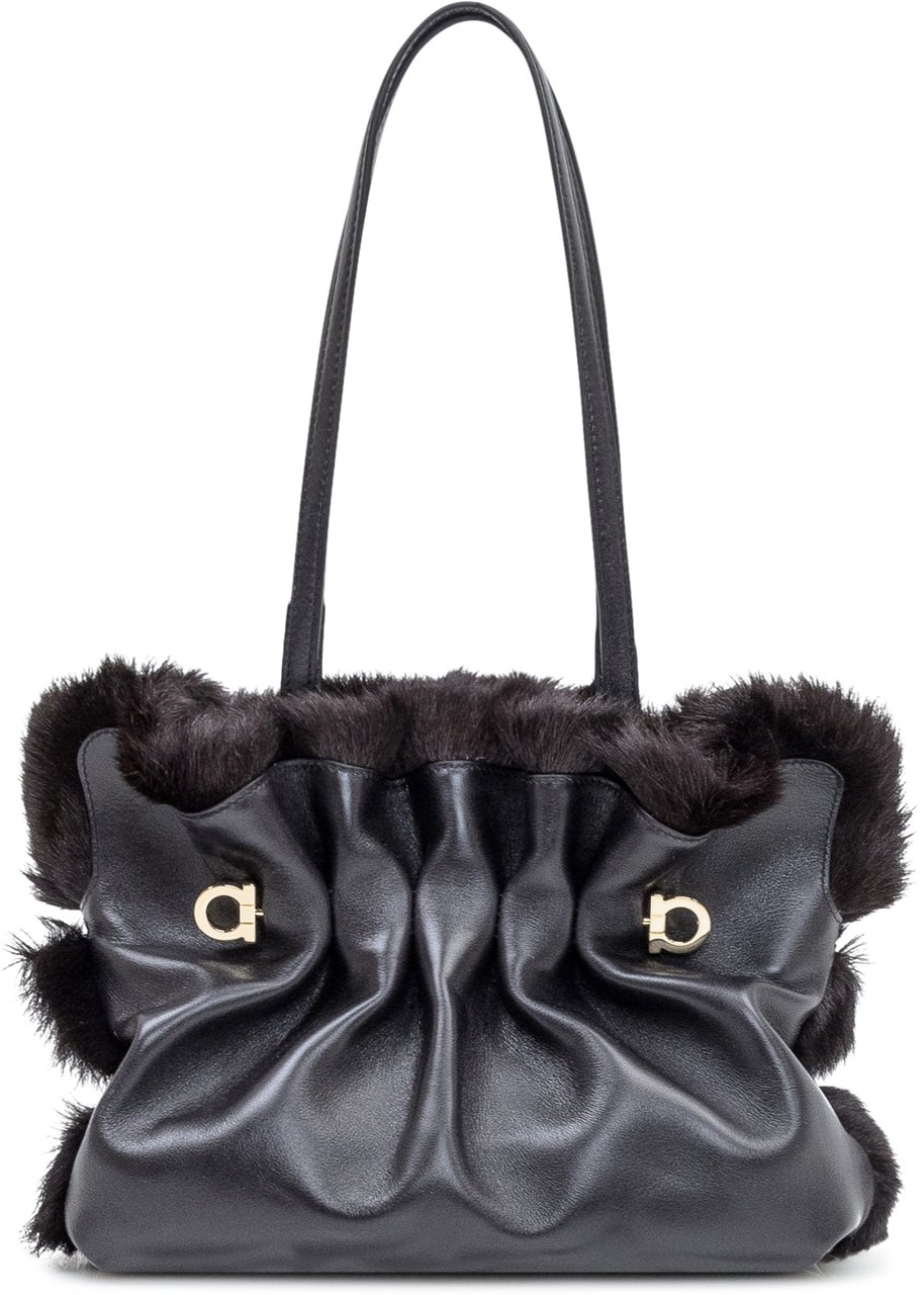 Ferragamo Ferragamo Borsa Soft SH in Pelle e Pelliccia Nera Bruin