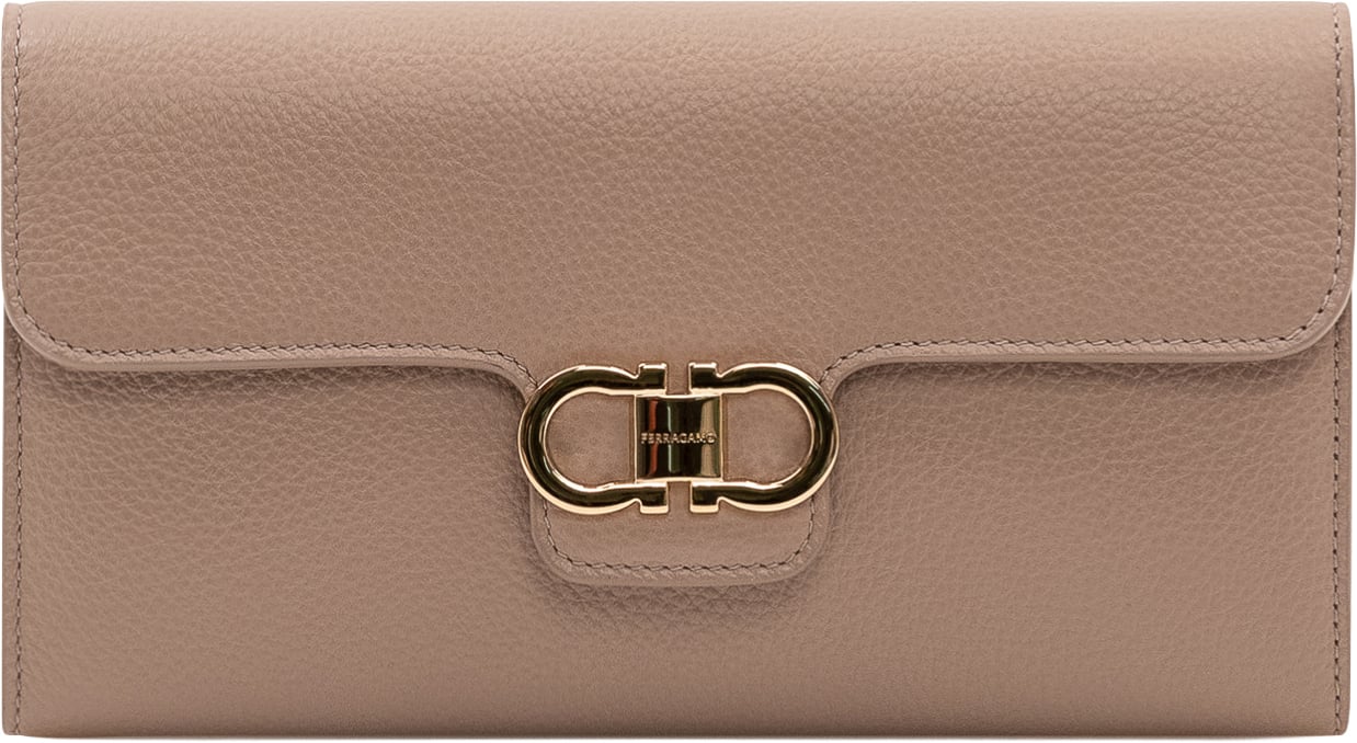 Ferragamo Portafoglio con Patta e Chiusura Logo Taupe